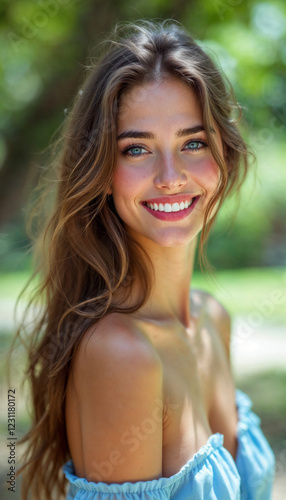 portrait of young happy woman looks in camera
