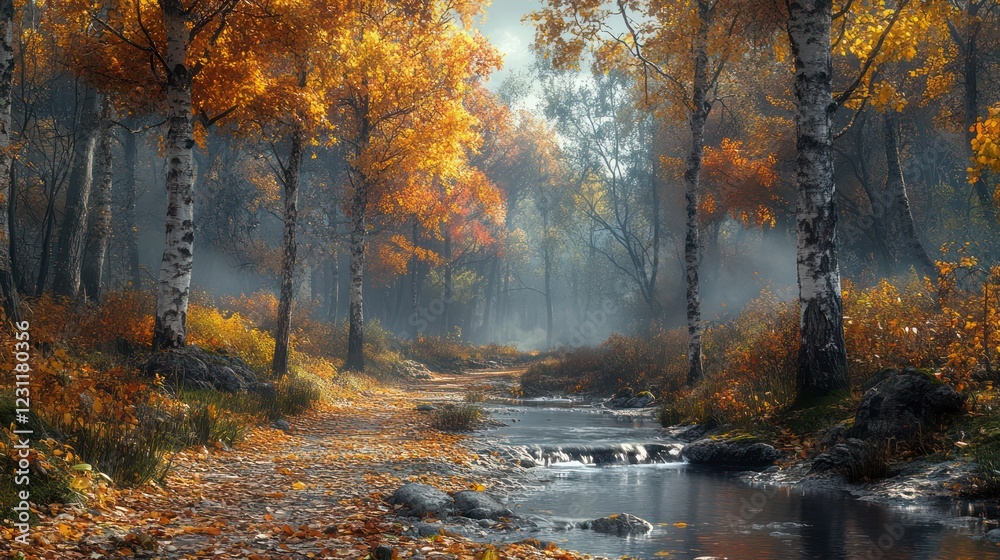 Autumnal Serenity: A Misty Forest Stream Autumnal Serenity: A Misty Forest Stream