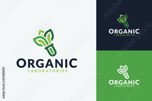 organic laboratories logo in line style with combination of plants and beakers.