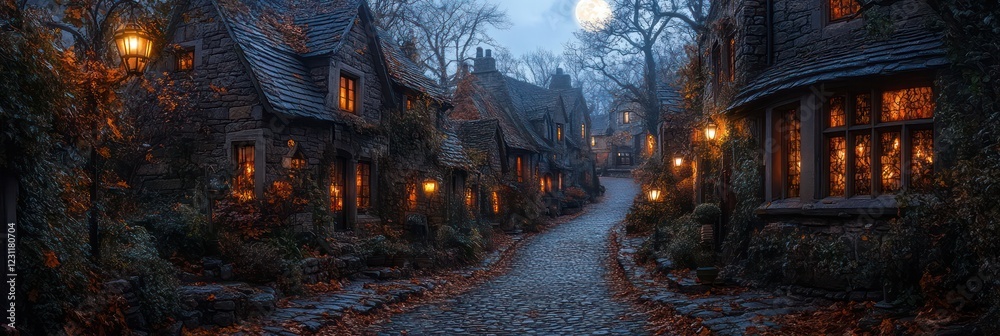 Fototapeta premium Enchanted Autumn Village at Night