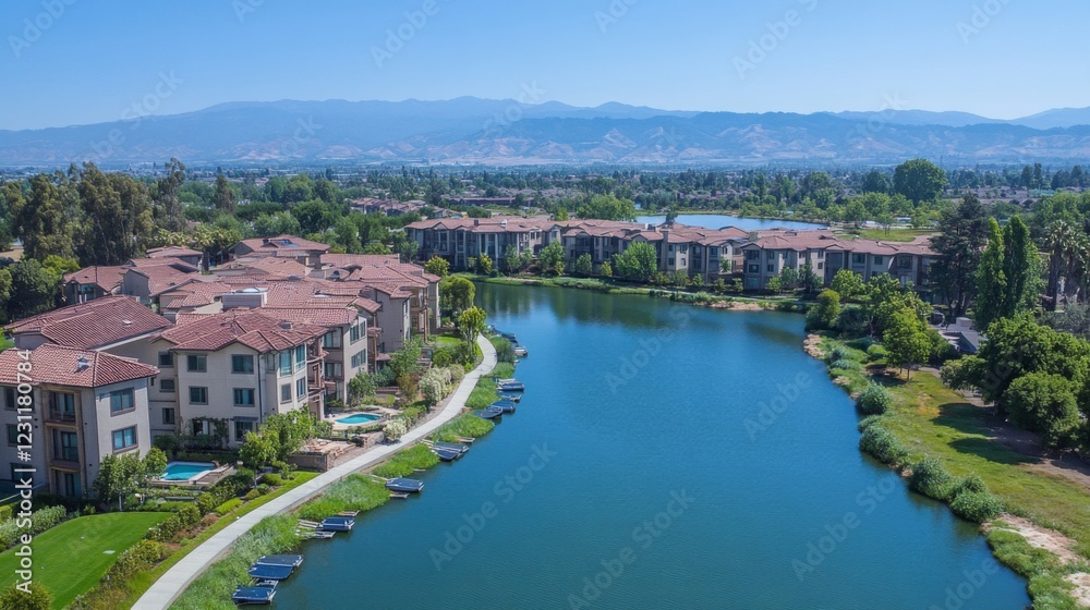 Obraz premium Aerial View of a Residential Lake Community with Mediterranean Style Houses