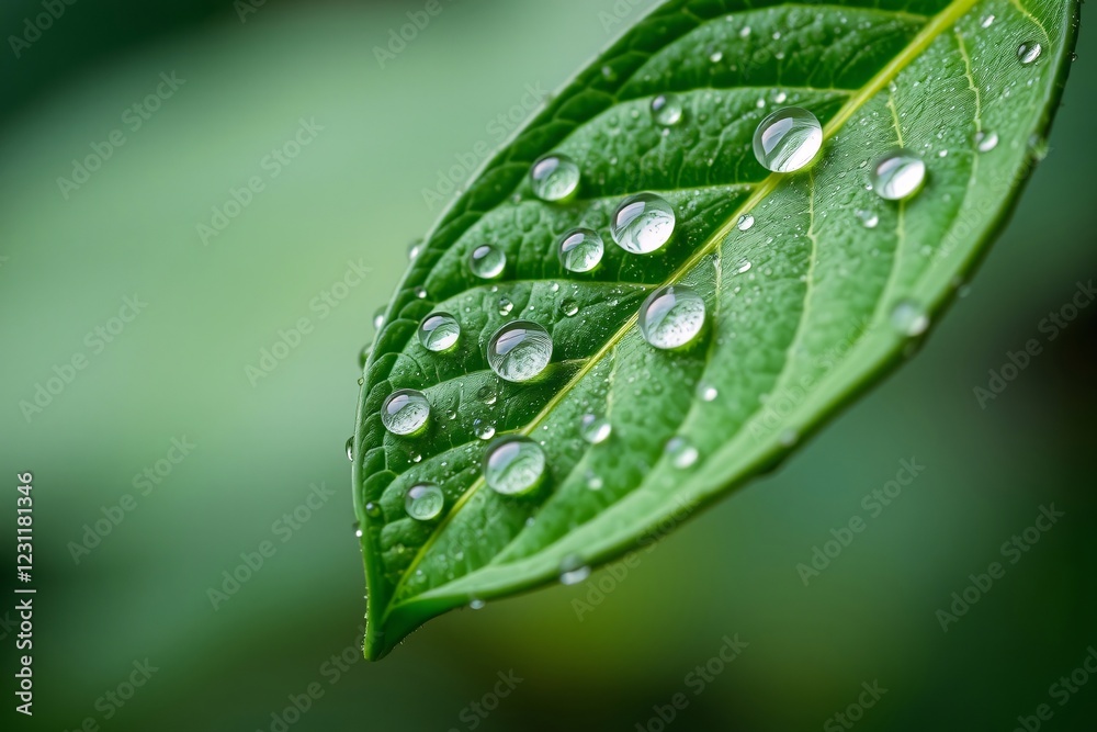 Close-up of green leaf with water droplets after rain Close-up of green leaf with water droplets after rain