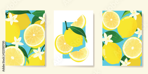 Summer tropical fruit poster background vector. Lemon, flower, leaves with watercolor texture. Design for promotion, cocktail drink advertising, packaging, interior.