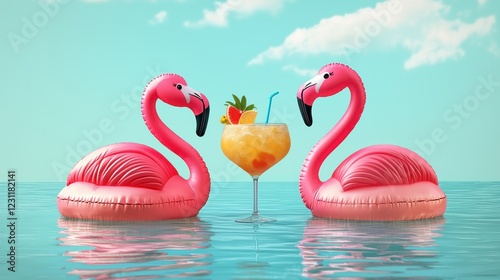 Beach party with cocktails and high energy. Two pink flamingos beside a tropical drink in calm water. photo