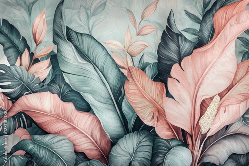Soft pastel tropical leaf wallpaper featuring banana plants.