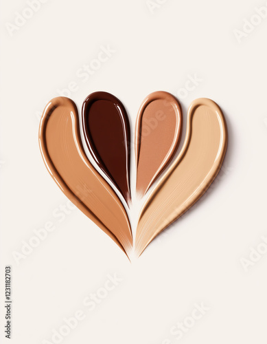 Foundation or concealer swatches in warm, neutral, and deep tones arranged in a heart shape, showcasing a range of makeup shades for diverse skin tones.