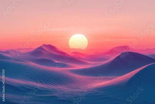 Geometric desert landscape with towering dunes and a setting sun