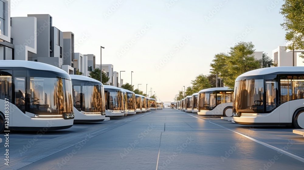 Fototapeta premium A modern street lined with futuristic buses in a vibrant urban environment.