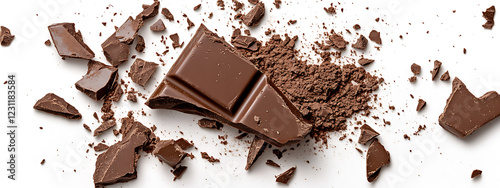 Cracked chocolate bar with broken pieces of dark brown cosmetic powder on white background, top view, ultra-detailed stock photo