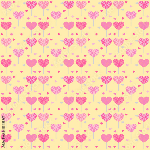 Whimsical heart lollipop pattern on pastel yellow, perfect for use in creative projects like gift wraps, wallpapers, party decorations, or Valentine-themed designs. 