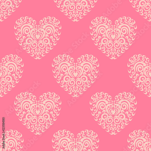 Romantic ornate heart design on pink background.. The design conveys elegance and is well-suited for weddings, Valentine’s Day, or any celebration of love. 
