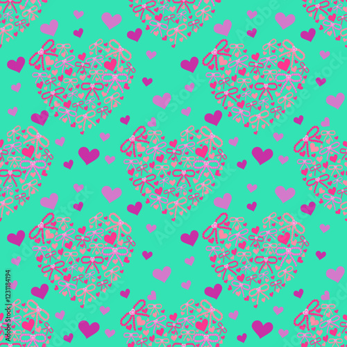 Intricate heart Bow pattern on aqua background. This delicate and decorative motif is suitable for textiles, wallpaper, or gift wrap, emphasizing elegance and charm.