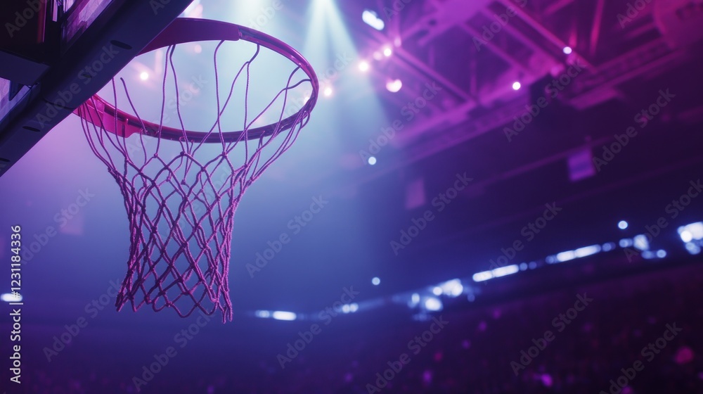 A close-up view of a basketball hoop illuminated by vibrant lights in a sports arena. A close-up view of a basketball hoop illuminated by vibrant lights in a sports arena.