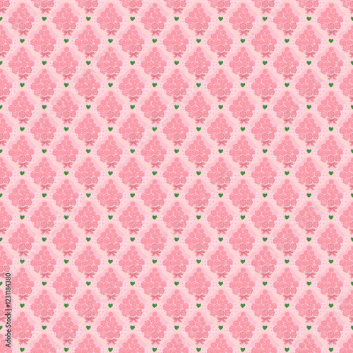 Romantic pink rose bouquet seamless pattern design. This floral design is ideal for greeting cards, gift wraps, textile prints, wallpapers, and digital backgrounds.