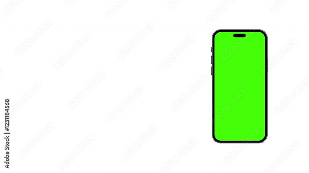 Mobile Phone Mock Up With Green Screen Background Smartphone with blank green screen. Mockup Animation of Smartphone with Chroma Key Display. Smartphone with green screen isolated on white background.