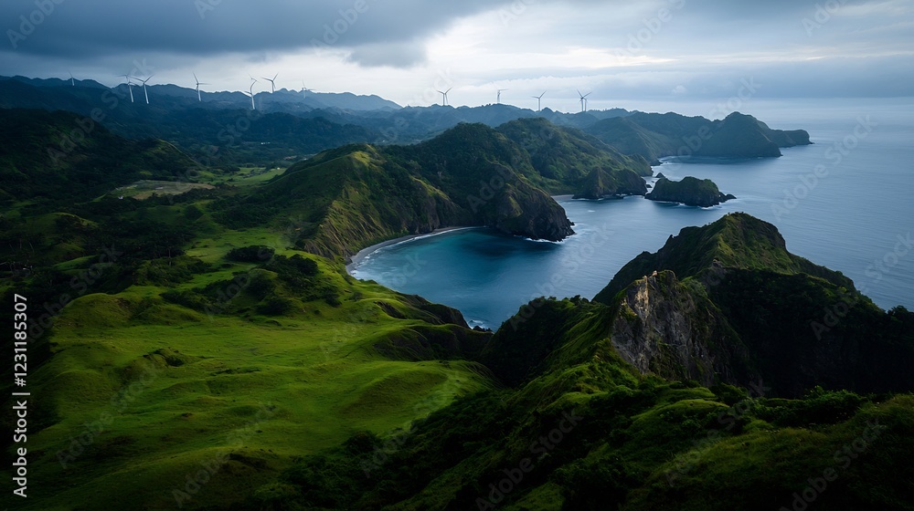 Breathtaking Coastal Landscape with Wind Turbines Breathtaking Coastal Landscape with Wind Turbines