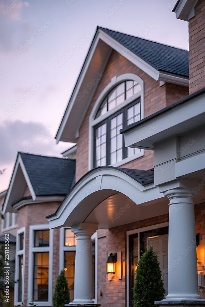 Luxury Brick House Exterior at Dusk: Modern Home Design, Elegant Facade, and Columns Luxury Brick House Exterior at Dusk: Modern Home Design, Elegant Facade, and Columns