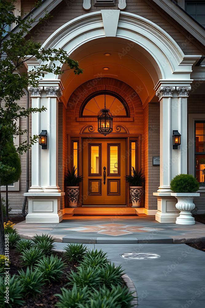 Fototapeta premium Majestic House Entrance at Night: Architectural Photography of Elegant Home Exterior