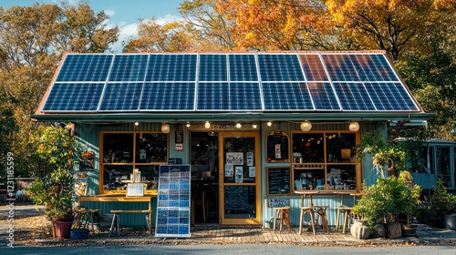 Eco-Friendly Cafe with Solar Panels: Sustainable Design in Autumn