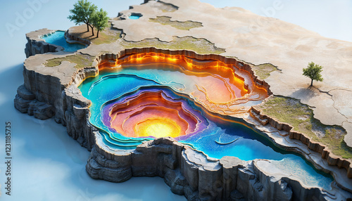 Cutaway diagram of how plate tectonics works, fantasy science background