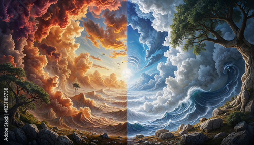 Fantasy surrealistic landscape split down the center, embodying the dichotomy of intuition and reasoning. On the left, vibrant colors swirl in abstract forms, with dreamlike figures float