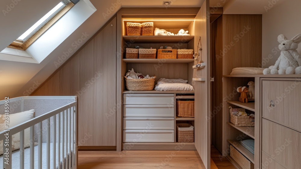 Fototapeta premium Cozy attic nursery with built-in storage.