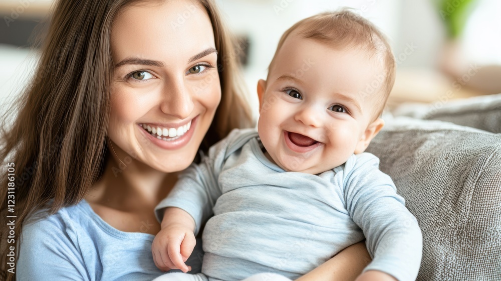 A smiling mother holds her joyful baby, both radiating happiness in a cozy, bright indoor setting. A smiling mother holds her joyful baby, both radiating happiness in a cozy, bright indoor setting.