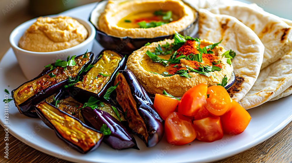 A plate of food with a variety of vegetables and a side of hummus. generated using AI A plate of food with a variety of vegetables and a side of hummus. generated using AI