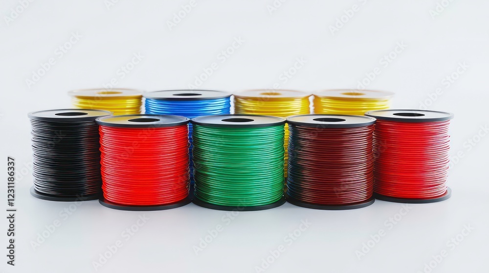 Filaments for 3D printing. ABS wire plastic for 3d printer, variety of colors. 3d illustration Filaments for 3D printing. ABS wire plastic for 3d printer, variety of colors. 3d illustration