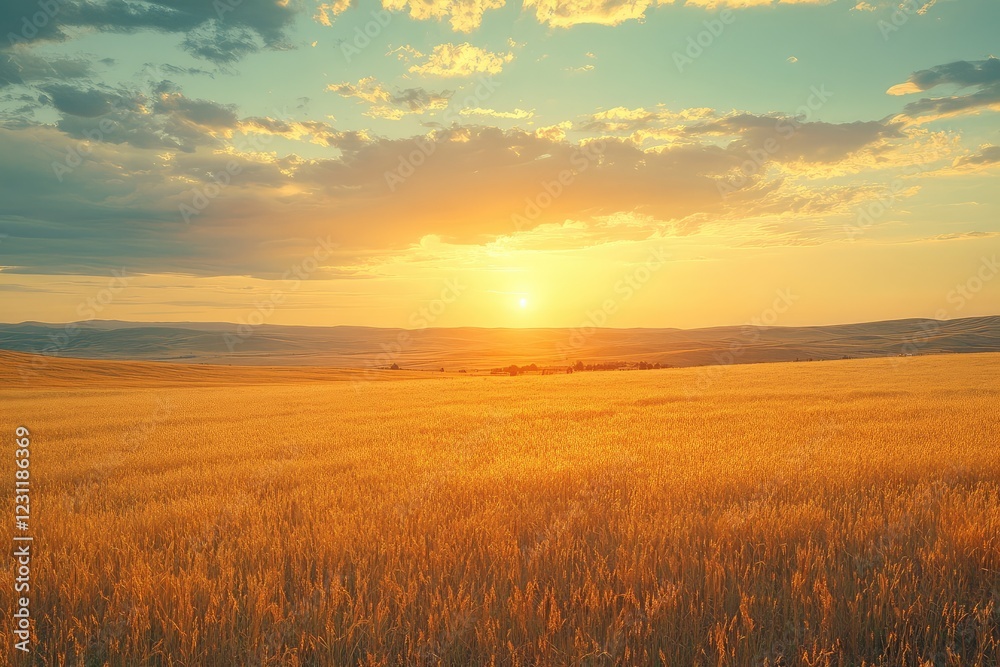 Golden fields under a vast, open sky, creating a serene and expansive rural landscape Golden fields under a vast, open sky, creating a serene and expansive rural landscape
