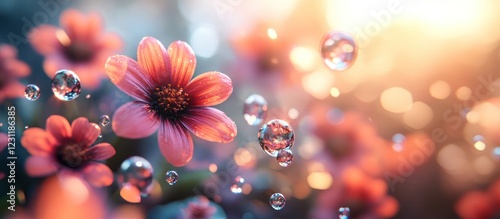 Dewdrops on blooms, sunset garden, nature backdrop