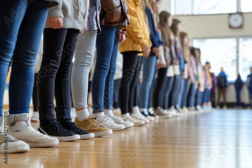 Some students shift their weight from foot to foot, trying to stay still in the long assembly line photo