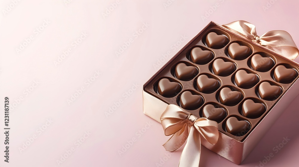 Obraz premium Heart-shaped Chocolate Box with Elegant Ribbon on Soft Pink Background