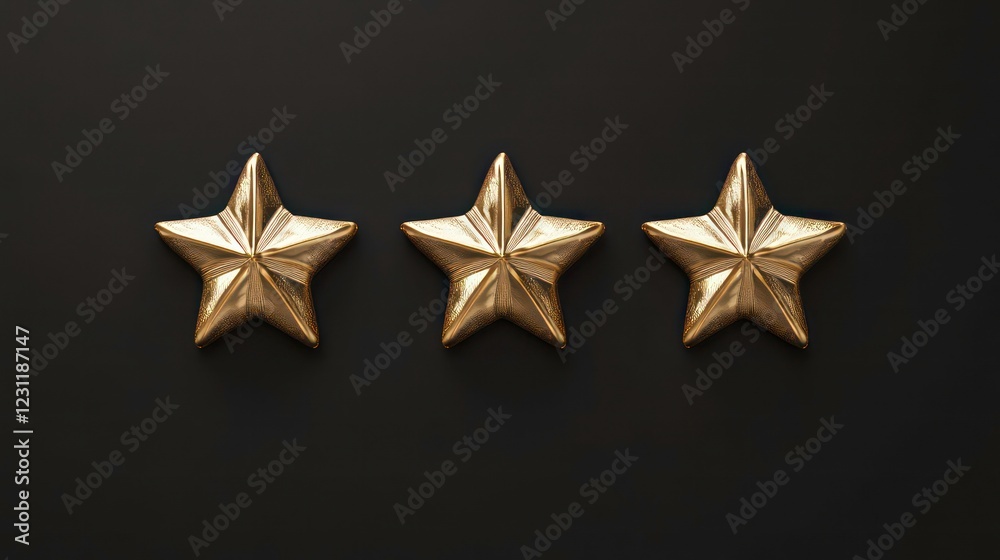Five golden stars isolated on black background, 3d illustration Five golden stars isolated on black background, 3d illustration