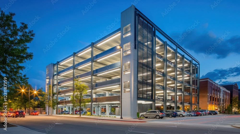 Obraz premium Multi-level car parking structure with modern lighting, clear signage, and a vibrant urban background