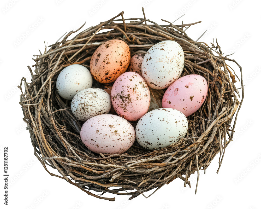 Colorful Easter eggs nestled in natural twig nest create charming spring scene. pastel hues and speckled patterns evoke sense of joy and celebration Colorful Easter eggs nestled in natural twig nest create charming spring scene. pastel hues and speckled patterns evoke sense of joy and celebration