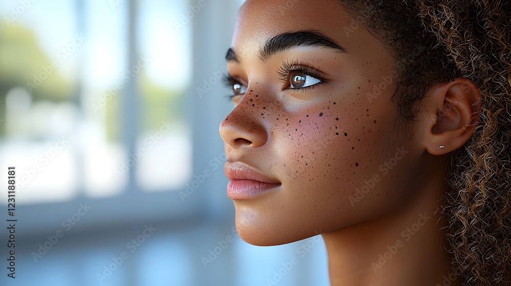 Woman's Profile, Indoor, Hopeful Gaze, Bright Woman's Profile, Indoor, Hopeful Gaze, Bright