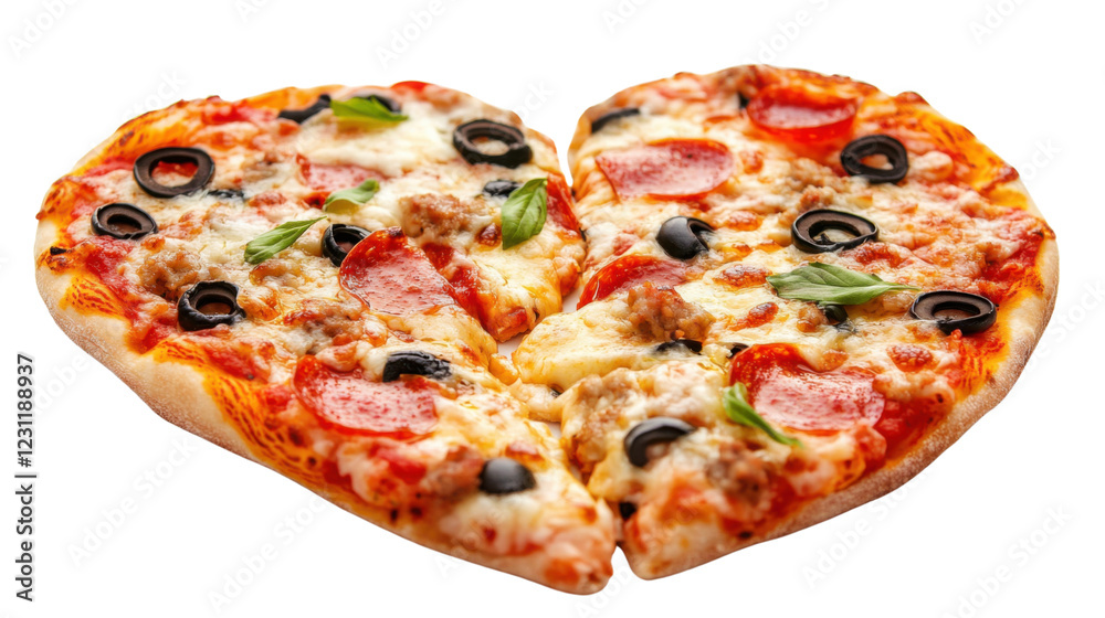 Heart-shaped pizza with pepperoni, olives, and basil on transparent background Heart-shaped pizza with pepperoni, olives, and basil on transparent background