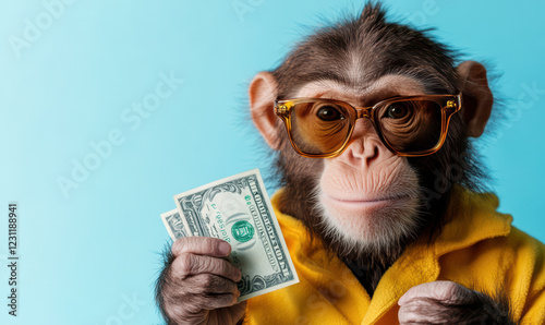A monkey wearing glasses and holding a $20 bill