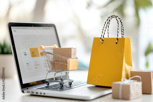A laptop screen shows a shopping cart with boxes on it and a yellow shopping bag