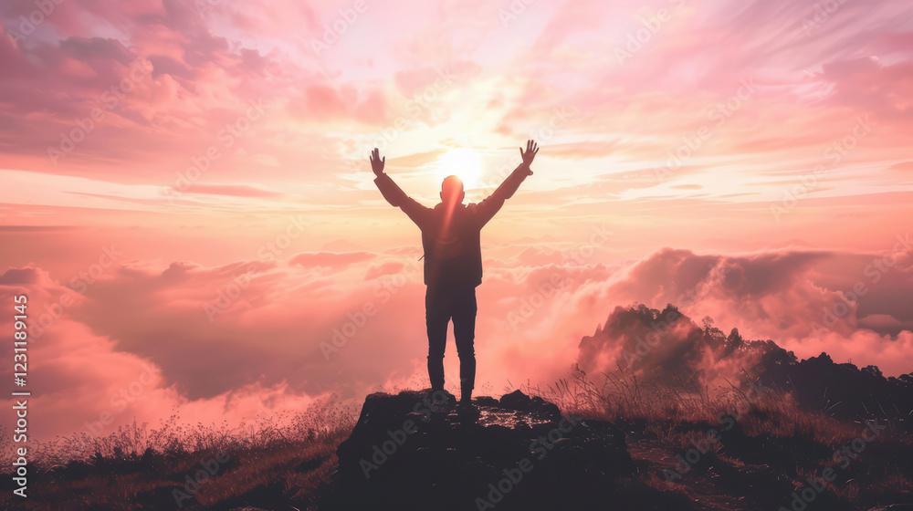 A man is standing on a mountain top, with the sun shining on him A man is standing on a mountain top, with the sun shining on him