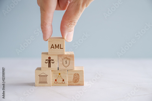 Hand holding blocks with AML anti money laundering business concept