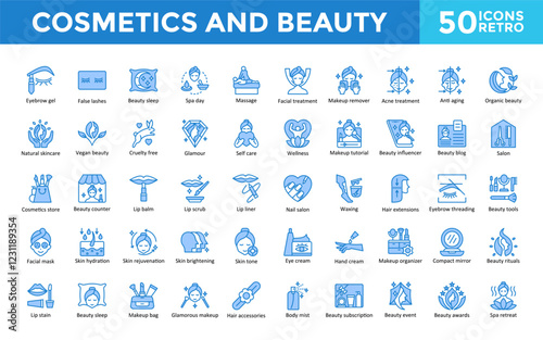 Cosmetics and Beauty icons set with eyebrow gel, false lashes, beauty sleep, spa day, massage, facial treatment, makeup remover, acne treatment, anti aging icon. Simple retro vector 
