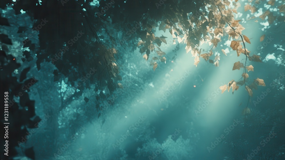 Obraz premium Sunbeams Illuminate Autumn Leaves In Misty Forest