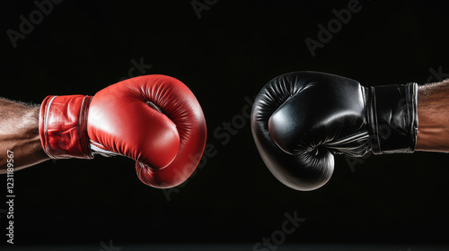 Two boxing gloves, one red and one black, are shown in a black background