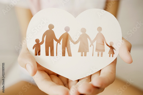 Hands holding multi generational family paper in heart shape, family wellness, health insurance concept.