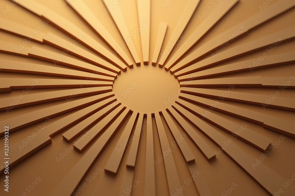 Obraz premium Abstract view of a circular ceiling design with sunbeam patterns in warm tones.