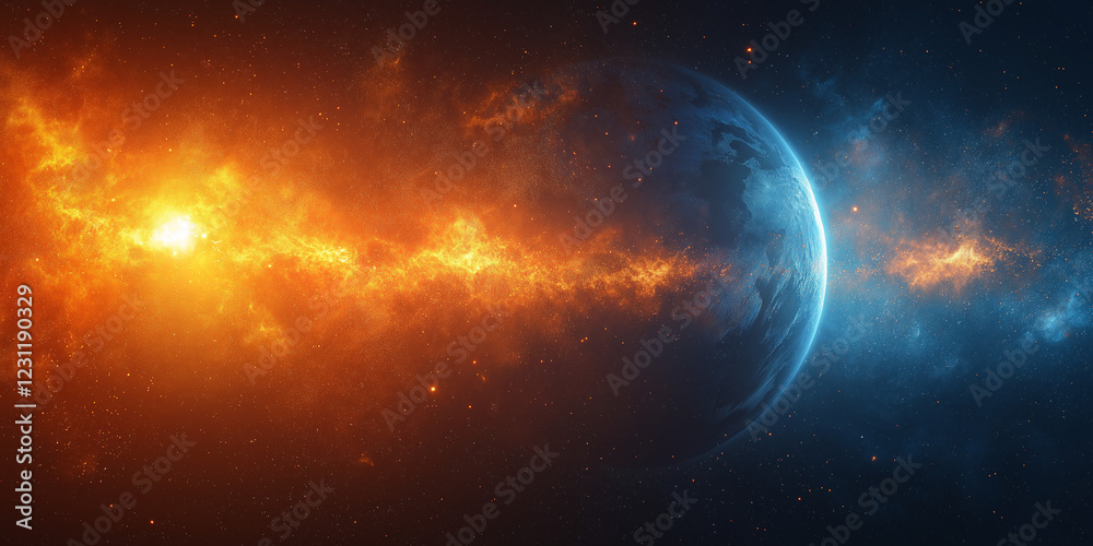 Fototapeta premium Space collision with Earth and fiery cosmic energy