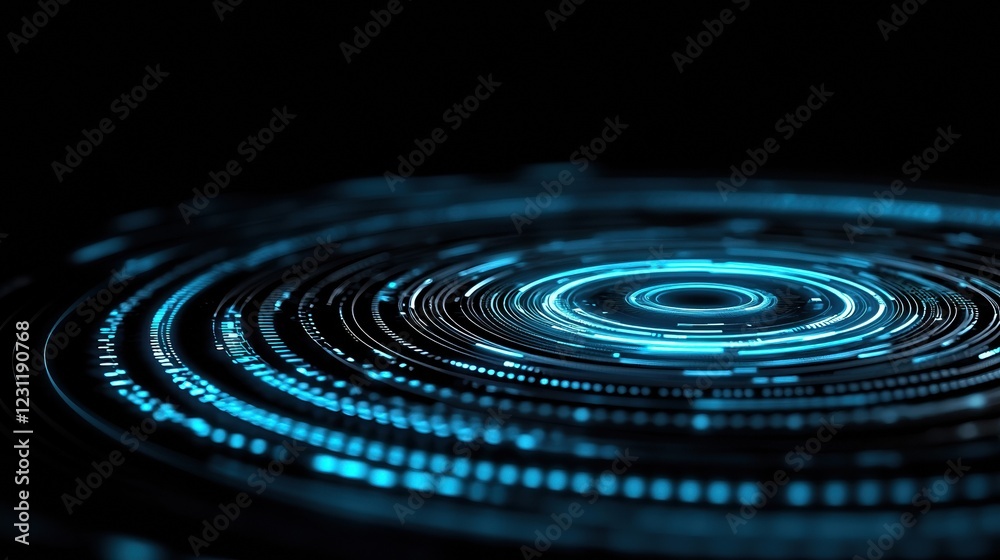 Fototapeta premium Blue circular patterns of light on a dark background create a futuristic digital effect.