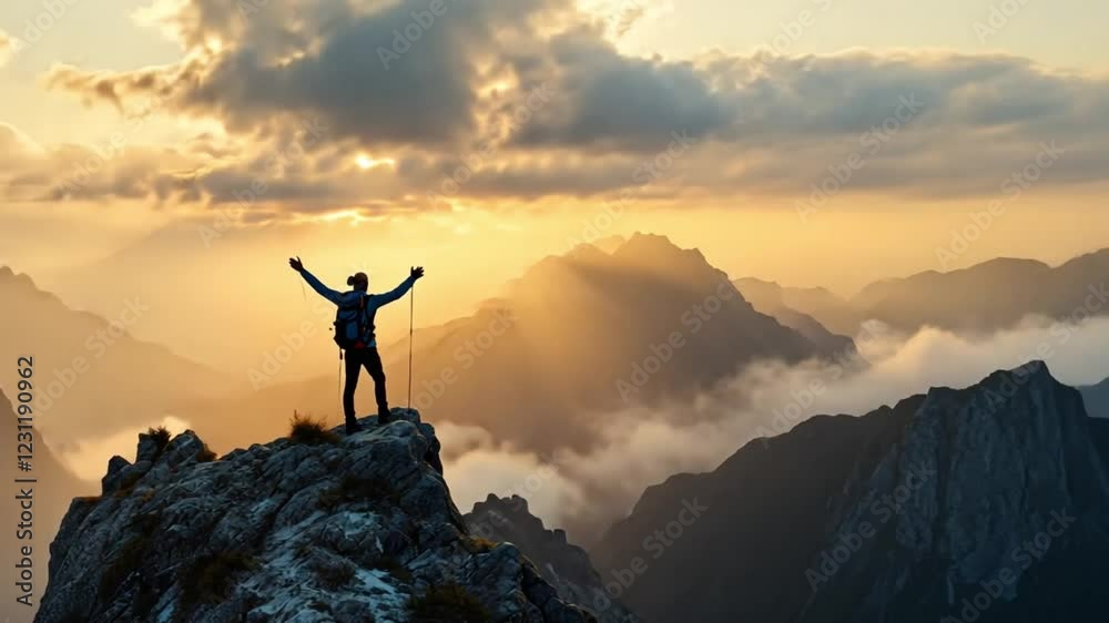 Hiker at Sunset on Mountain Peak